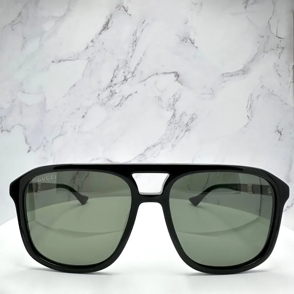 New GUCCI Sunglasses Black Aviator Pilot Gold Logo Metal Red Green Web Gucci
